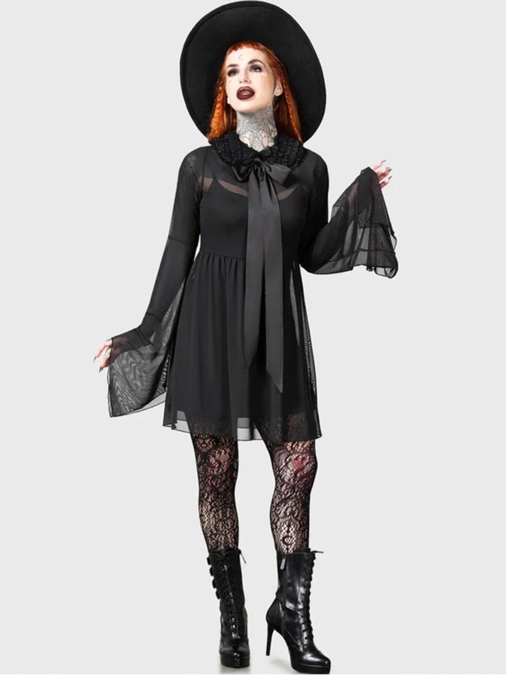 Killstar Dress Babydoll Mesh Bell Sleeve Ruffle Collar Goth Witchy Medium M - Picture 3 of 13